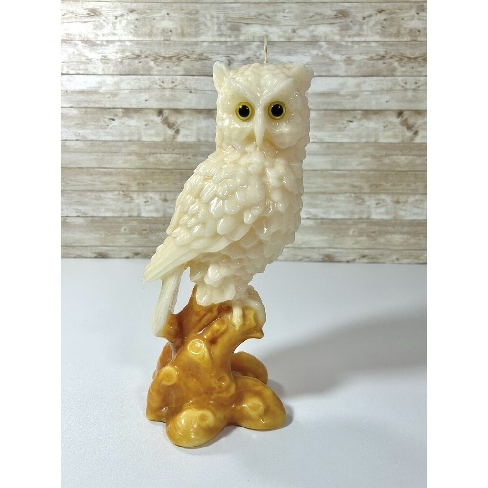 Vintage Perched Owl Wax Candle 12” Glass Eyes Amber Color Base
